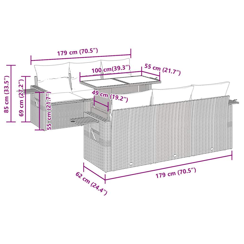 7-tlg. Garten-Sofagarnitur mit Kissen Hellgrau Poly Rattan