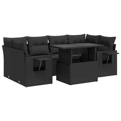 7-tlg. Garten-Sofagarnitur mit Kissen Schwarz Poly Rattan