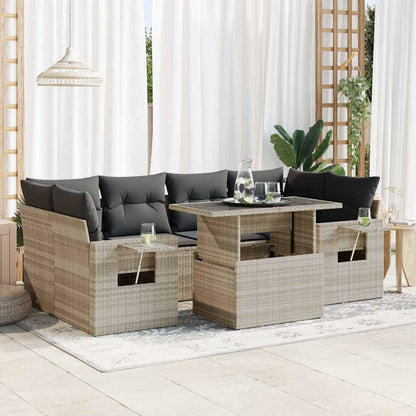 7-tlg. Garten-Sofagarnitur mit Kissen Hellgrau Poly Rattan