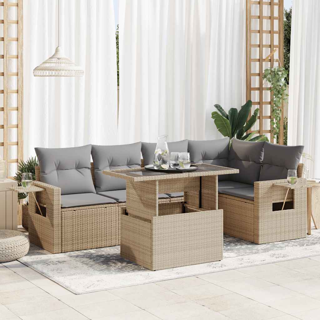 6-tlg. Garten-Sofagarnitur mit Kissen Beige Poly Rattan