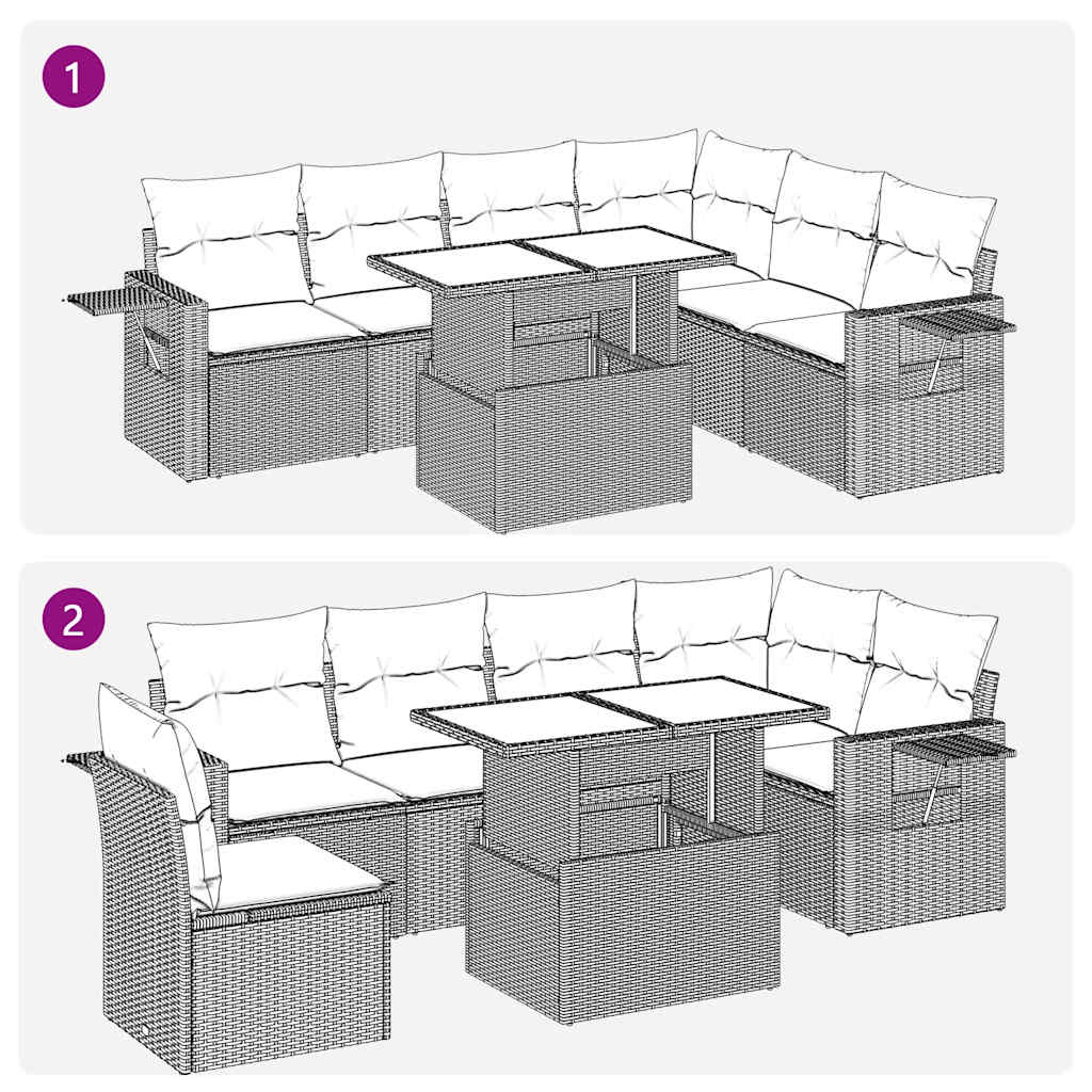 7-tlg. Garten-Sofagarnitur mit Kissen Hellgrau Poly Rattan