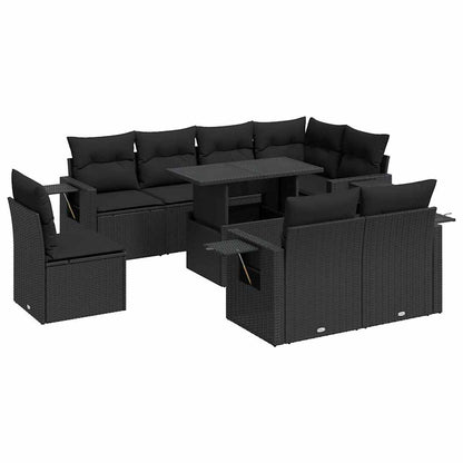 9-tlg. Garten-Sofagarnitur mit Kissen Schwarz Poly Rattan