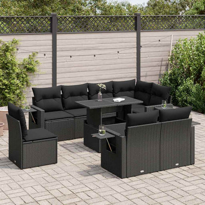 9-tlg. Garten-Sofagarnitur mit Kissen Schwarz Poly Rattan