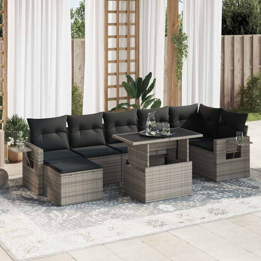 8-tlg. Garten-Sofagarnitur mit Kissen Grau Poly Rattan