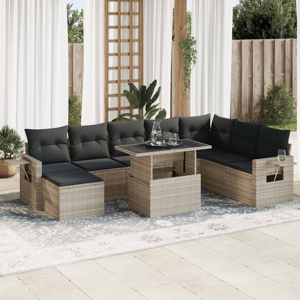 9-tlg. Garten-Sofagarnitur mit Kissen Hellgrau Poly Rattan