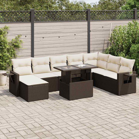 9-tlg. Garten-Sofagarnitur mit Kissen Braun Poly Rattan