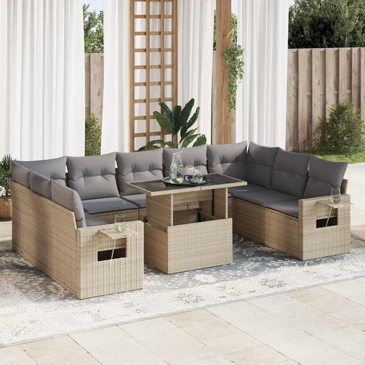 10-tlg. Garten-Sofagarnitur mit Kissen Beige Poly Rattan