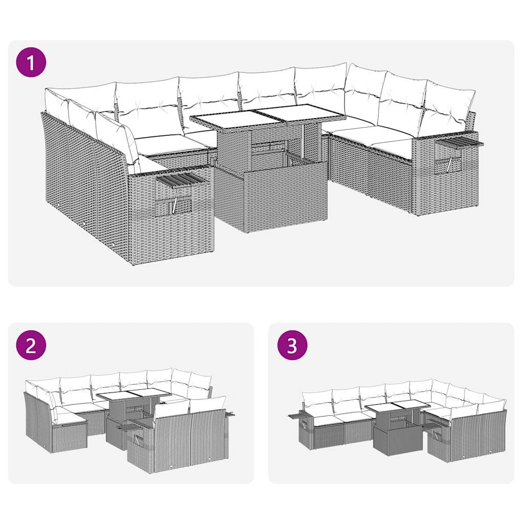 10-tlg. Garten-Sofagarnitur mit Kissen Grau Poly Rattan