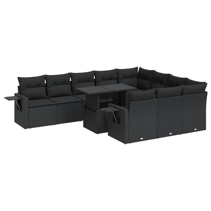 11-tlg. Garten-Sofagarnitur mit Kissen Schwarz Poly Rattan