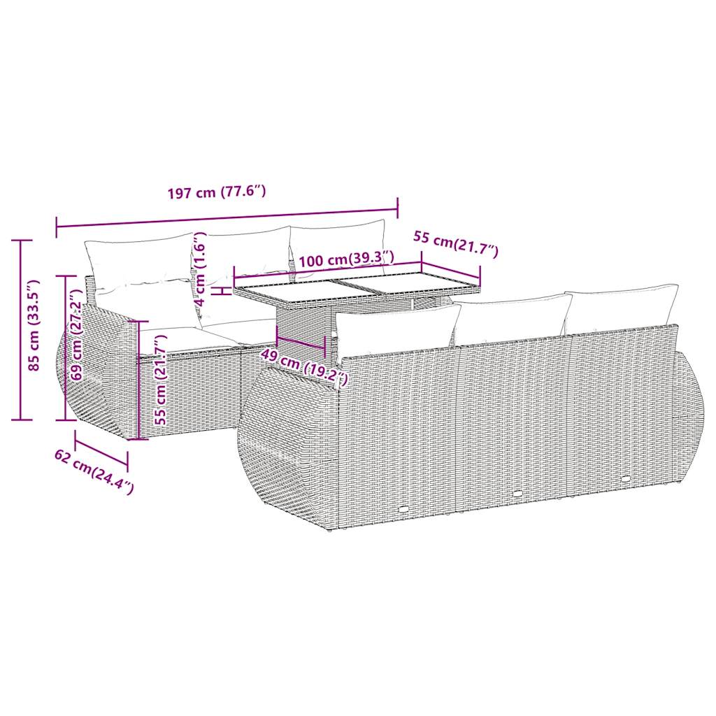 7-tlg. Garten-Sofagarnitur mit Kissen Grau Poly Rattan