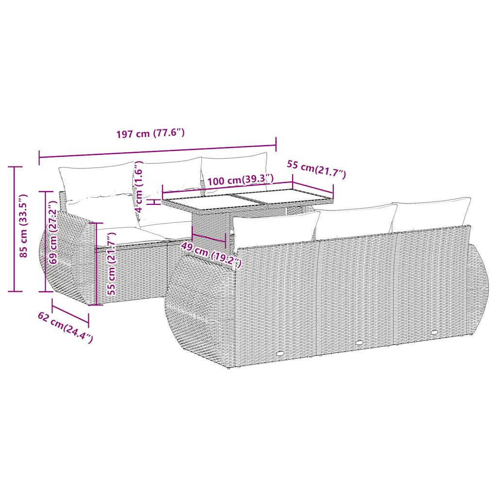 7-tlg. Garten-Sofagarnitur mit Kissen Hellgrau Poly Rattan