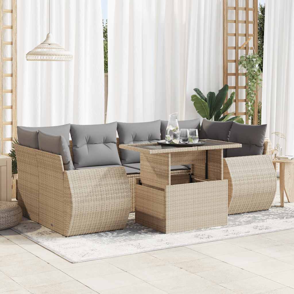 7-tlg. Garten-Sofagarnitur mit Kissen Beige Poly Rattan