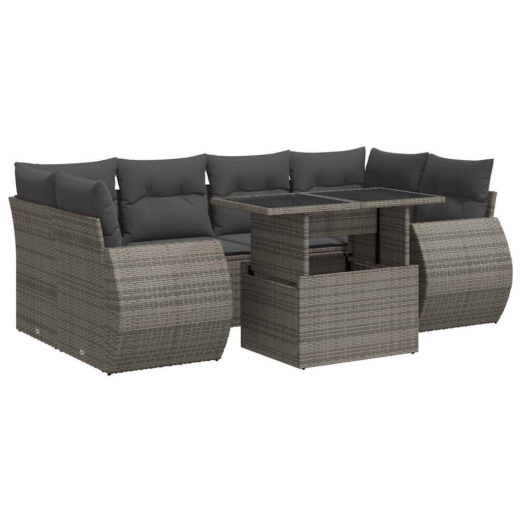 7-tlg. Garten-Sofagarnitur mit Kissen Grau Poly Rattan