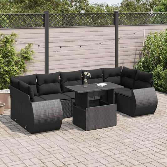 8-tlg. Garten-Sofagarnitur mit Kissen Schwarz Poly Rattan