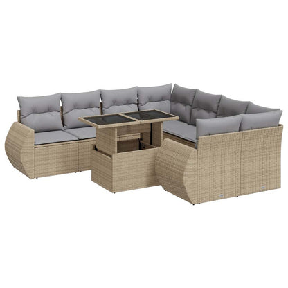 9-tlg. Garten-Sofagarnitur mit Kissen Beige Poly Rattan