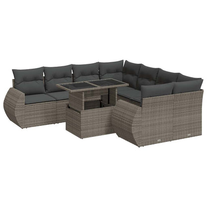 9-tlg. Garten-Sofagarnitur mit Kissen Grau Poly Rattan