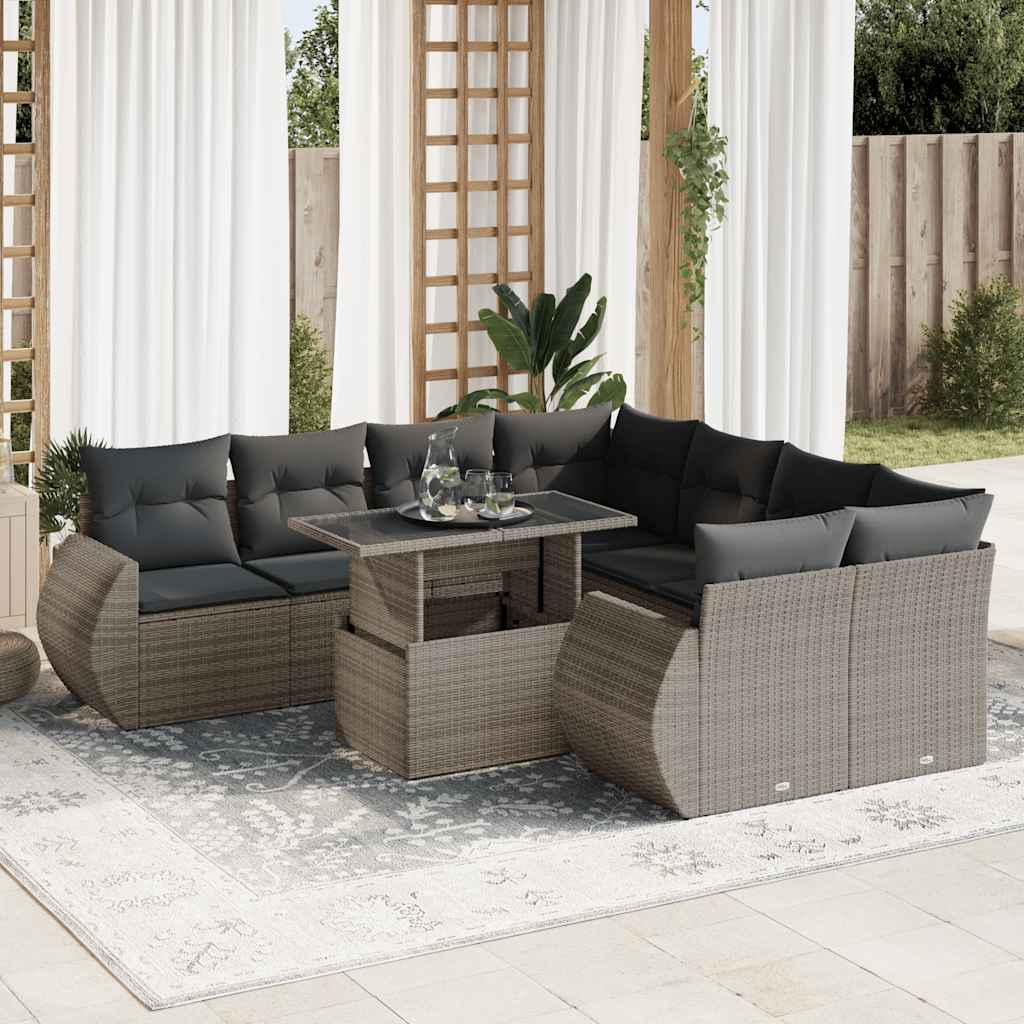 9-tlg. Garten-Sofagarnitur mit Kissen Grau Poly Rattan