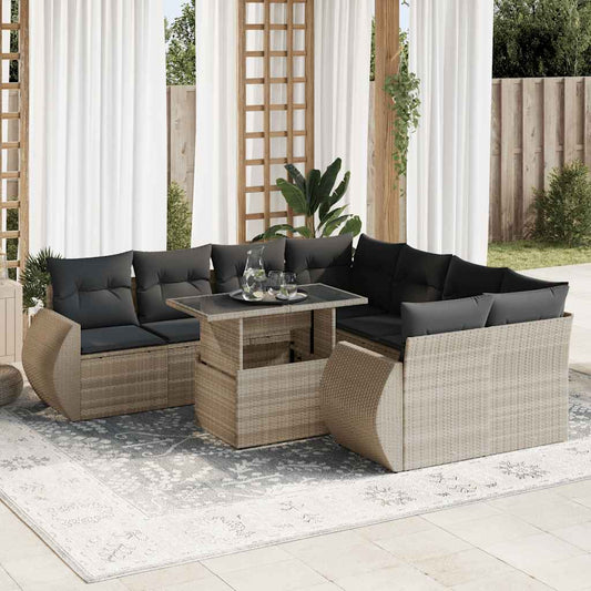 9-tlg. Garten-Sofagarnitur mit Kissen Hellgrau Poly Rattan