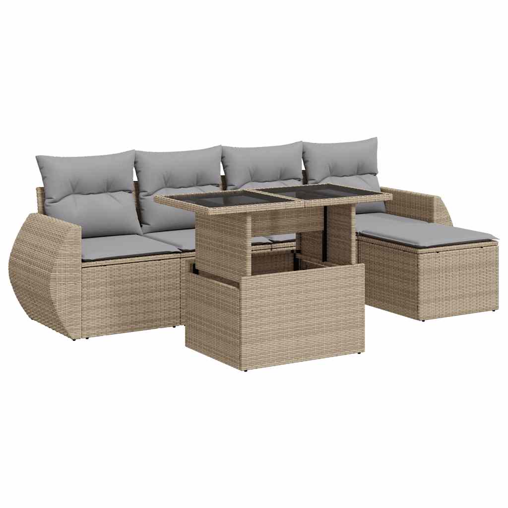 6-tlg. Garten-Sofagarnitur mit Kissen Beige Poly Rattan