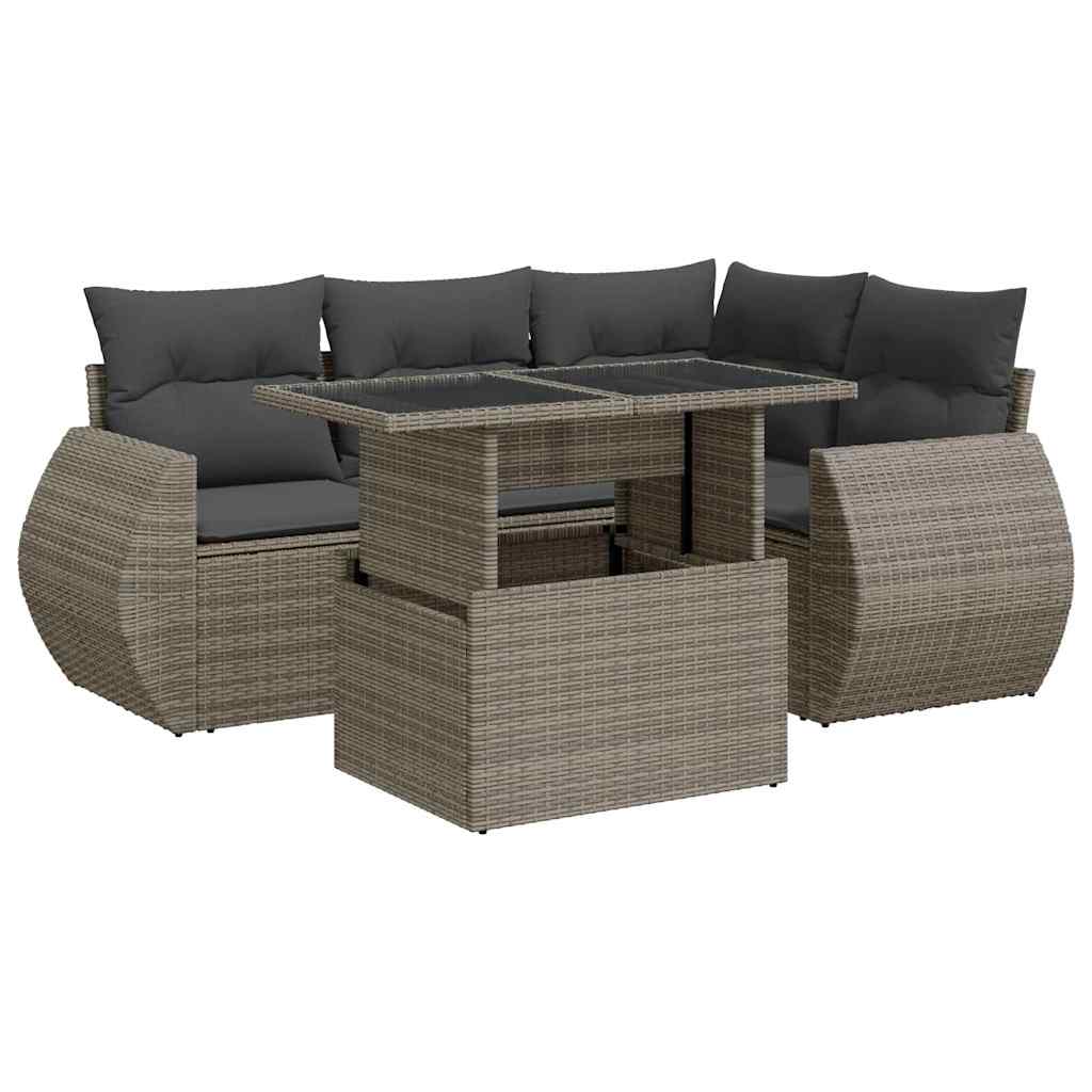 5-tlg. Garten-Sofagarnitur mit Kissen Grau Poly Rattan