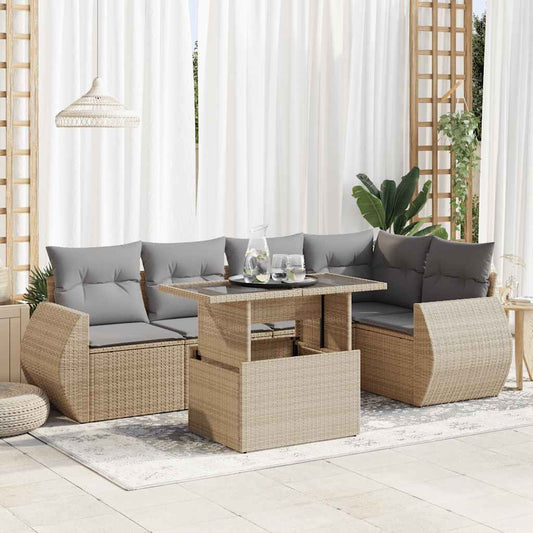 6-tlg. Garten-Sofagarnitur mit Kissen Beige Poly Rattan