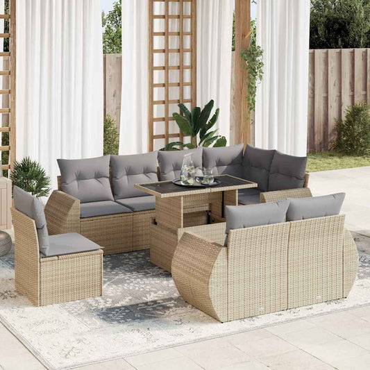 9-tlg. Garten-Sofagarnitur mit Kissen Beige Poly Rattan