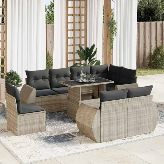 9-tlg. Garten-Sofagarnitur mit Kissen Hellgrau Poly Rattan