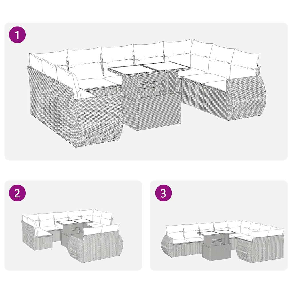 10-tlg. Garten-Sofagarnitur mit Kissen Hellgrau Poly Rattan