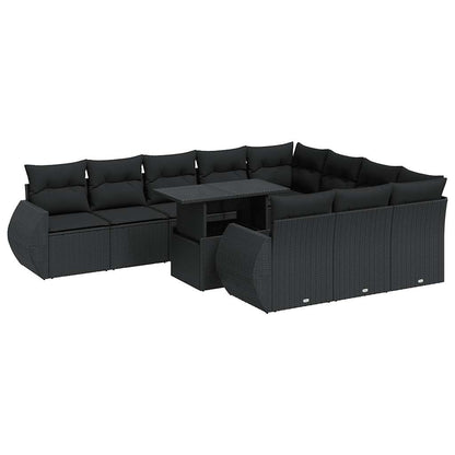 11-tlg. Garten-Sofagarnitur mit Kissen Schwarz Poly Rattan