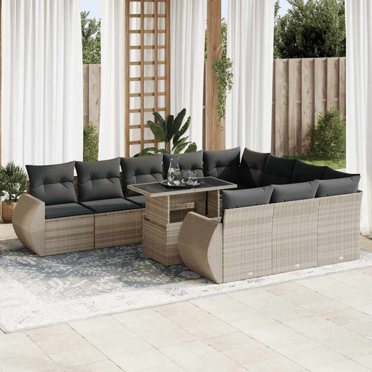 11-tlg. Garten-Sofagarnitur mit Kissen Hellgrau Poly Rattan