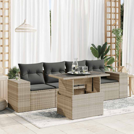 5-tlg. Garten-Sofagarnitur mit Kissen Hellgrau Poly Rattan