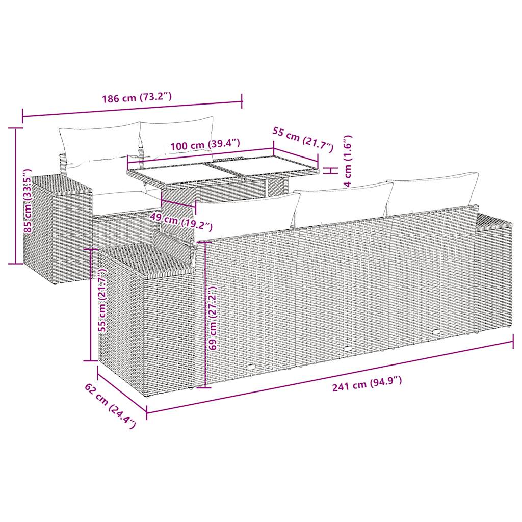 6-tlg. Garten-Sofagarnitur mit Kissen Hellgrau Poly Rattan