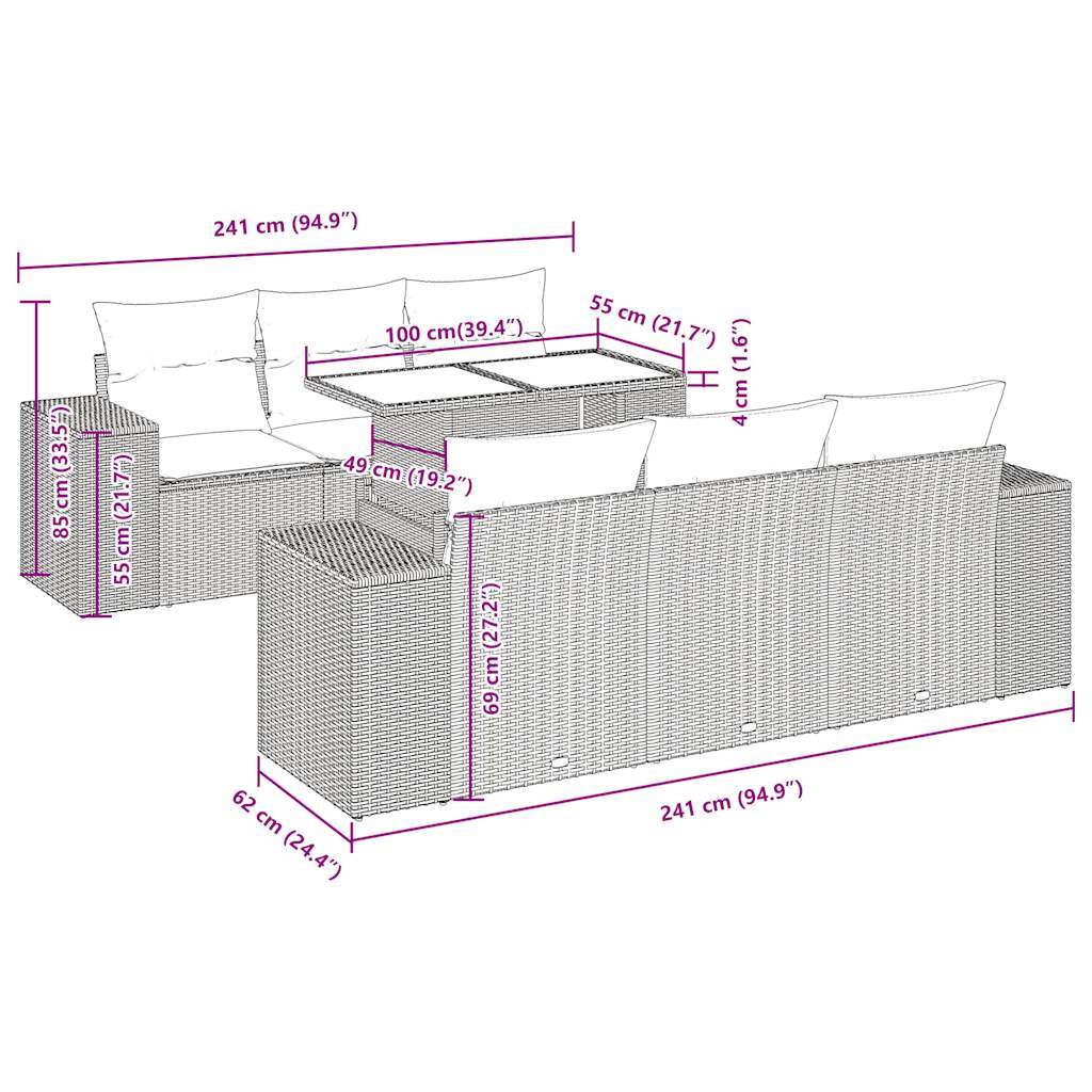 7-tlg. Garten-Sofagarnitur mit Kissen Hellgrau Poly Rattan