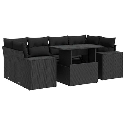 7-tlg. Garten-Sofagarnitur mit Kissen Schwarz Poly Rattan