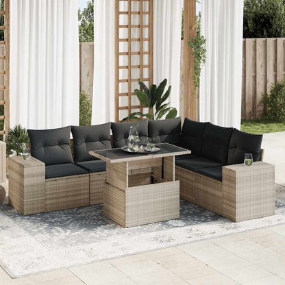 7-tlg. Garten-Sofagarnitur mit Kissen Hellgrau Poly Rattan