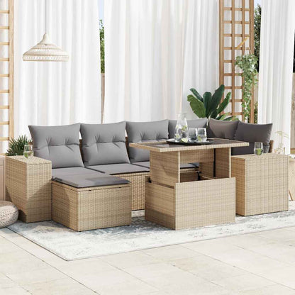 7-tlg. Garten-Sofagarnitur mit Kissen Beige Poly Rattan