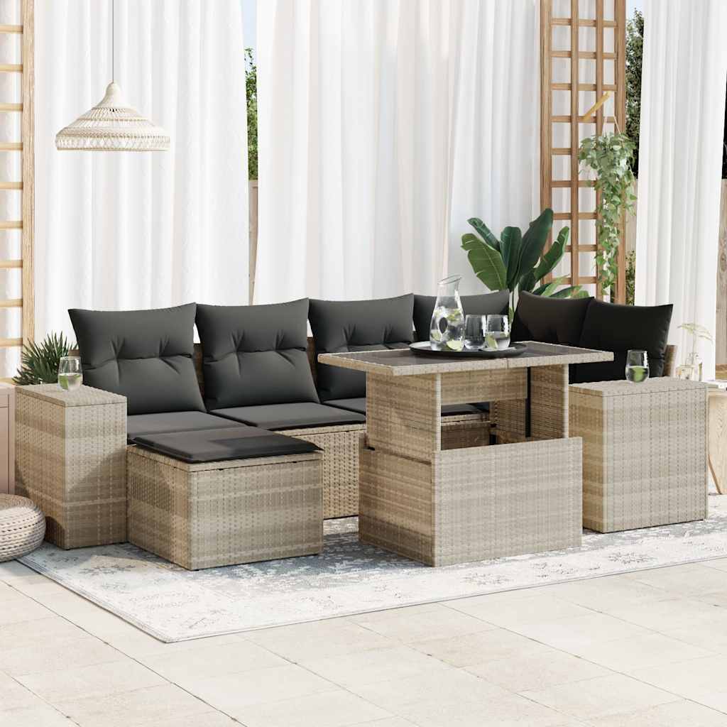 7-tlg. Garten-Sofagarnitur mit Kissen Hellgrau Poly Rattan