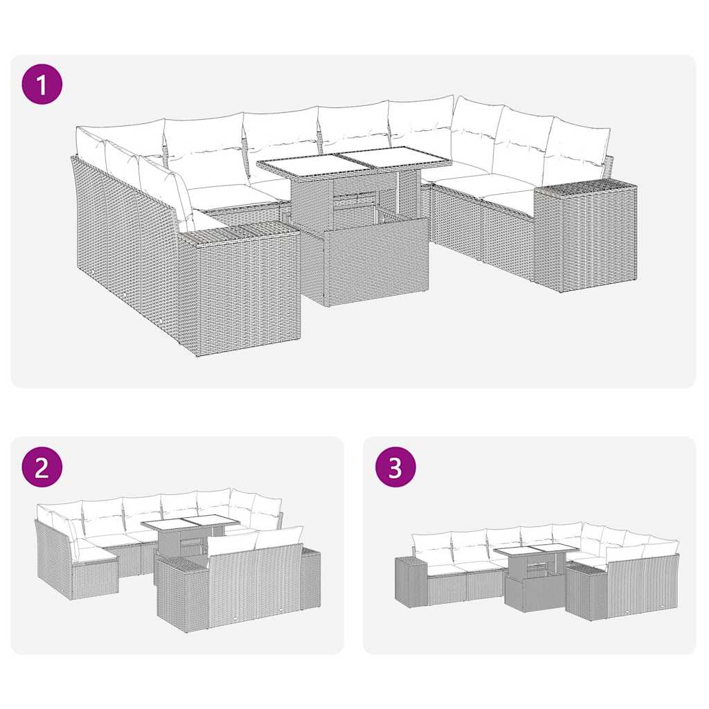 10-tlg. Garten-Sofagarnitur mit Kissen Hellgrau Poly Rattan