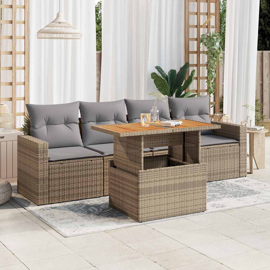 5-tlg. Garten-Sofagarnitur mit Kissen Beige Poly Rattan