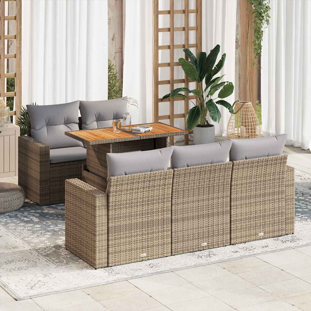 6-tlg. Garten-Sofagarnitur mit Kissen Beige Poly Rattan