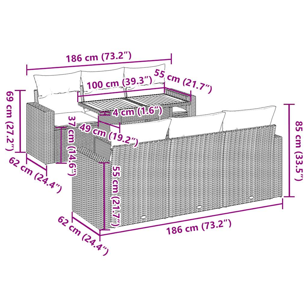 7-tlg. Garten-Sofagarnitur mit Kissen Beige Poly Rattan