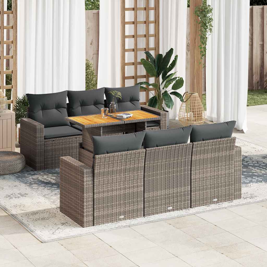 7-tlg. Garten-Sofagarnitur mit Kissen Grau Poly Rattan