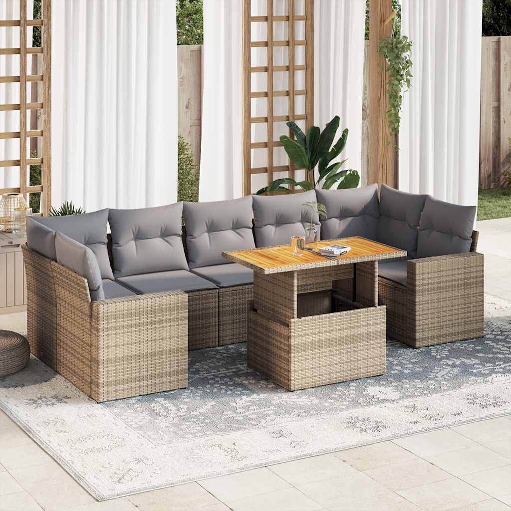 8-tlg. Garten-Sofagarnitur mit Kissen Beige Poly Rattan