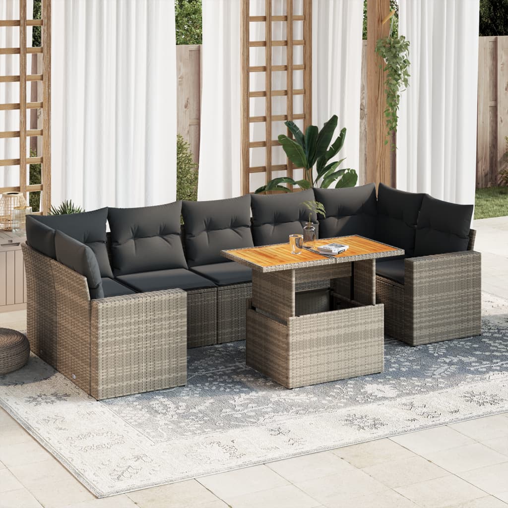 8-tlg. Garten-Sofagarnitur mit Kissen Grau Poly Rattan