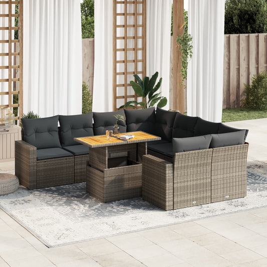 9-tlg. Garten-Sofagarnitur mit Kissen Grau Poly Rattan