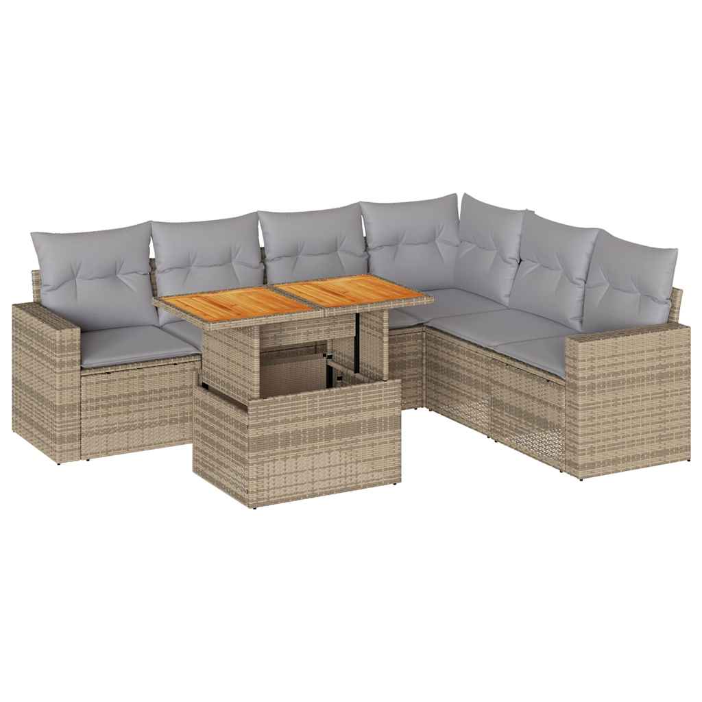 7-tlg. Garten-Sofagarnitur mit Kissen Beige Poly Rattan