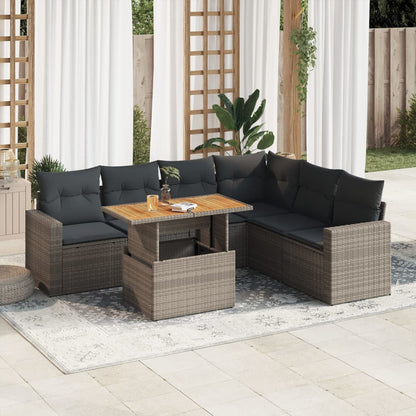 7-tlg. Garten-Sofagarnitur mit Kissen Grau Poly Rattan