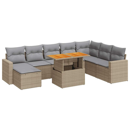 9-tlg. Garten-Sofagarnitur mit Kissen Beige Poly Rattan