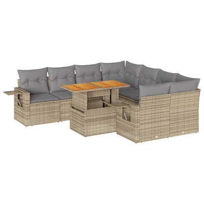 9-tlg. Garten-Sofagarnitur mit Kissen Beige Poly Rattan