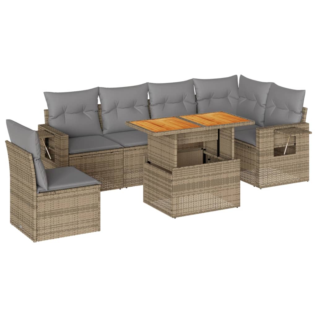 7-tlg. Garten-Sofagarnitur mit Kissen Beige Poly Rattan